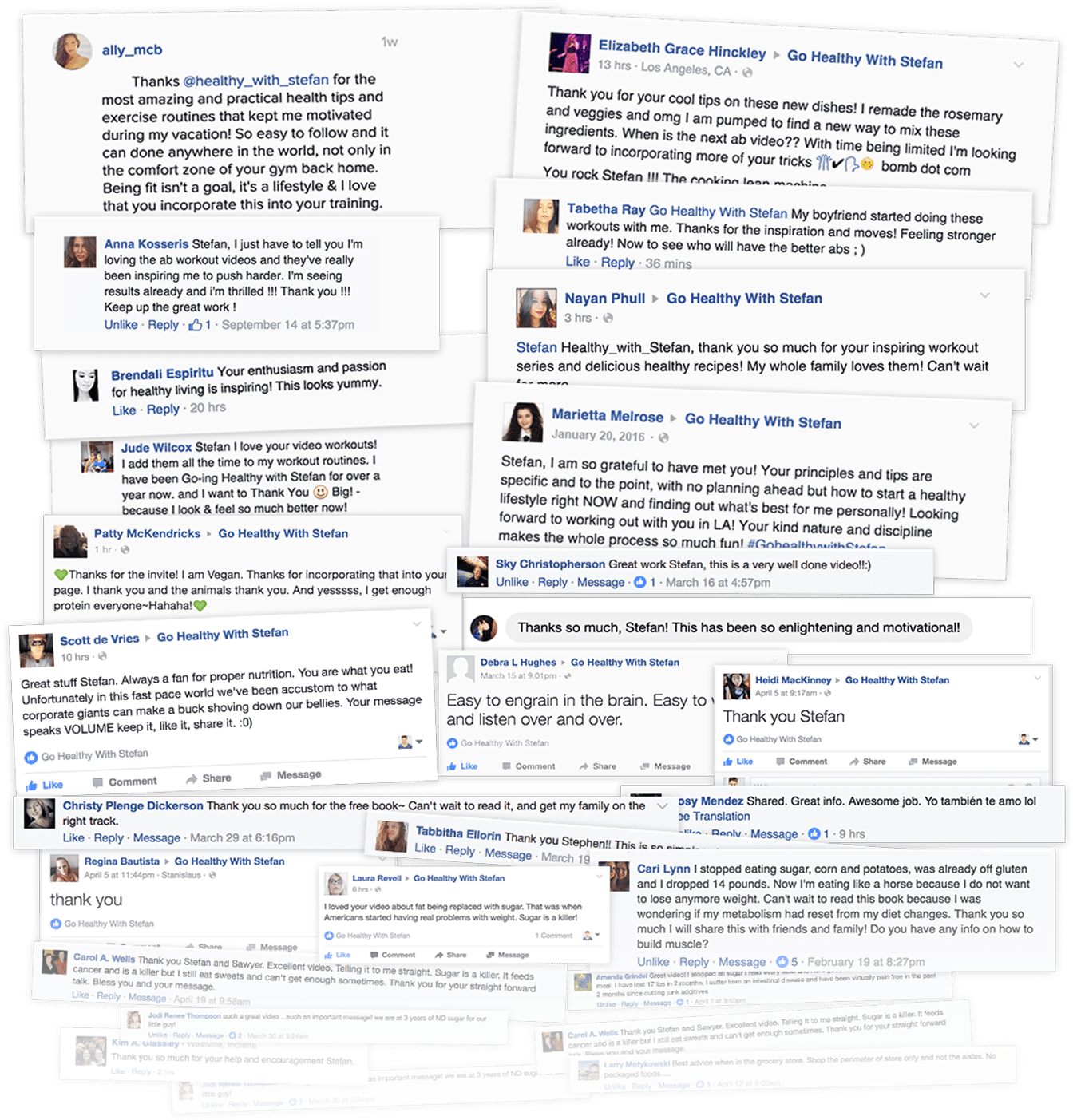 A collage of positive Facebook testimonials for "Go Healthy With Stefan," praising his inspiring health and wellness tips, effective workouts, and delicious recipes.