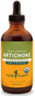 An amber glass dropper bottle with a green and yellow label, displaying "ARTICHOKE" in white text and an organic seal.